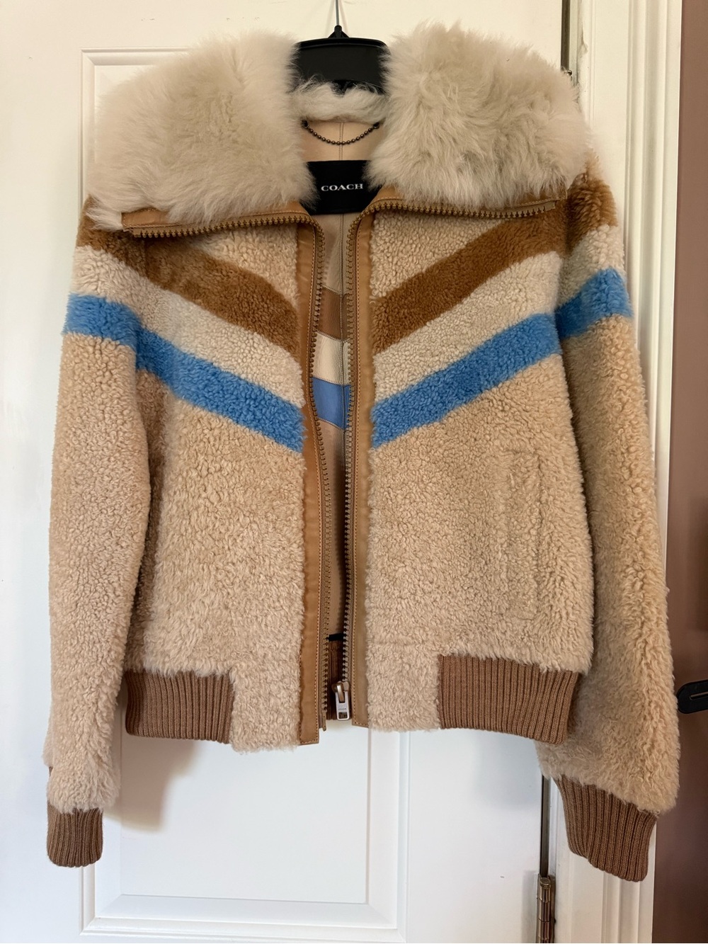 Coach Beige Sherpa Jacket with Blue & Tan Chevron Stripes